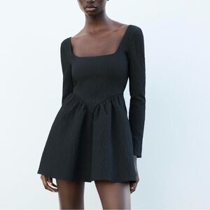 NWOT Zara Black Long-sleeve Textured Square Neck Skater Dress (S)